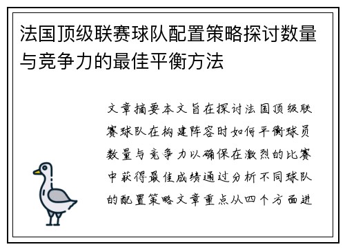 法国顶级联赛球队配置策略探讨数量与竞争力的最佳平衡方法
